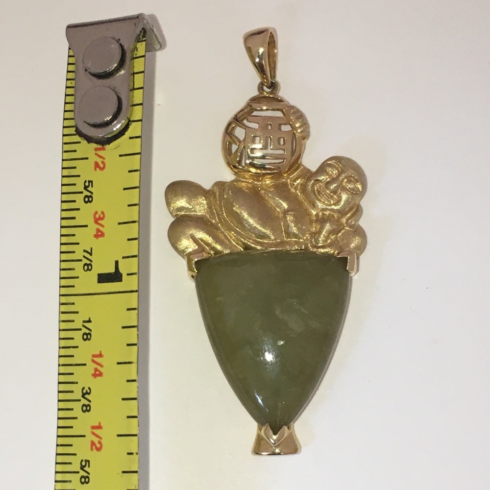 Vintage Solid 14K Yellow Gold Jade Happy Buddha Pendant Charm for Necklace